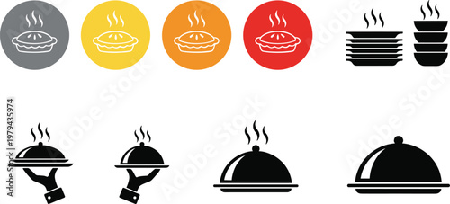 Food serving and restaurant cloche icon set featuring steaming dishes, serving tray covers, plates and bowls isolated vector illustration