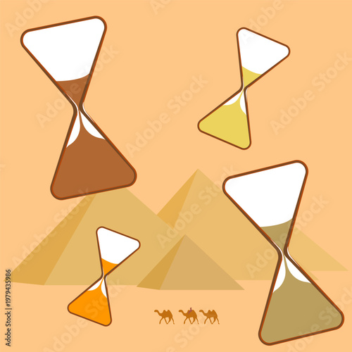 Seamless pattern with hourglass sandglass shapes Egyptian pyramids and camels on warm sandy desert background