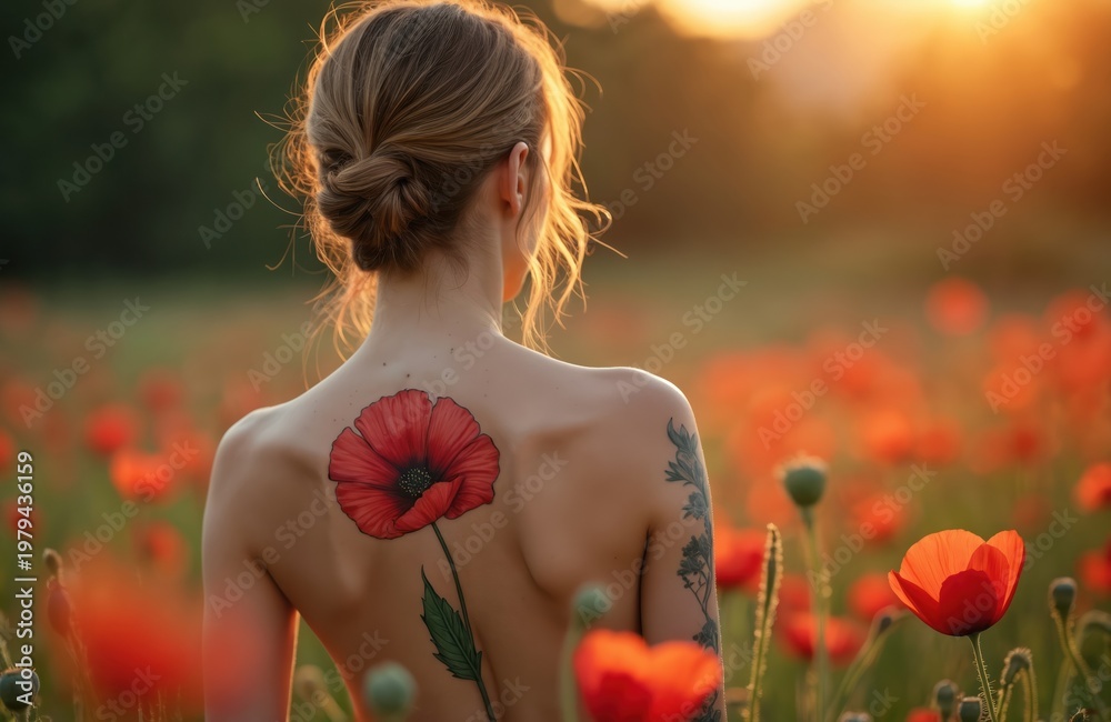 Naklejka premium Brunette woman stands amidst poppy field at sunset. Her bare back features floral tattoo design. Soft light illuminates skin, creating artistic portrait. Summer mood evokes freedom nature beauty.
