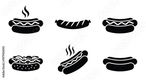 Minimalist hot dog icon set, black silhouette fast food vector collection, grilled sausage in bun with mustard and steam, 6 street food elements