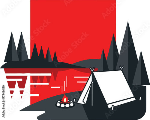 Camping Tent with Campfire Outside.