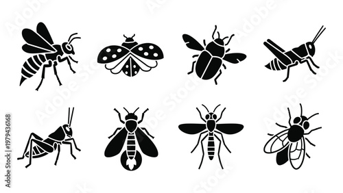 A collection of black silhouette icons depicting various insects including bees wasps grasshoppers and flies high quality professional detailed modern elegant