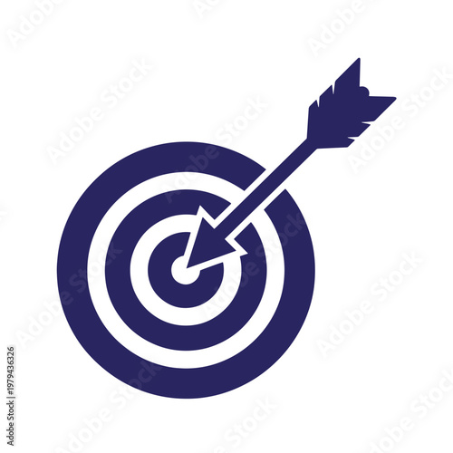 Dark blue target with white rings and arrow hitting bullseye