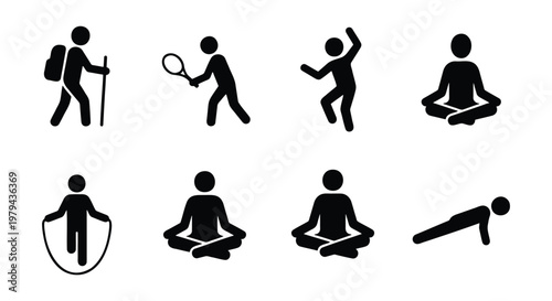Active lifestyle stick figure icons set, 8 black vector silhouettes of people exercising, sports and fitness activities pictograms for infographic design