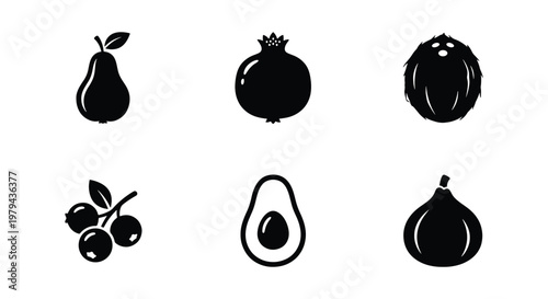 Minimalist black fruit icons set, flat vector fruit symbols including avocado and pear, organic food silhouettes for grocery apps and menus