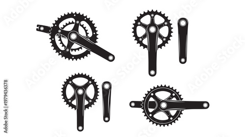 Gear and crank icon set with sprockets, chainring, and mechanical links in bold black vector style featuring sprocket, drivetrain, machinery with
