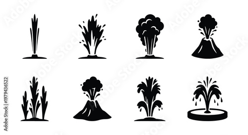 Black geyser and volcano icon set, 8 vector elements of erupting hot springs and volcanic mountains, minimalist water fountain and steam burst symbols