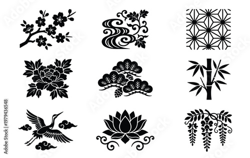фотографія Traditional Japanese motifs set, black floral and nature icons vector, oriental
