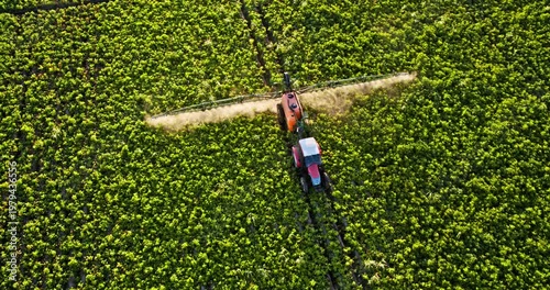 Agricultural tractor spraying pesticides on green field