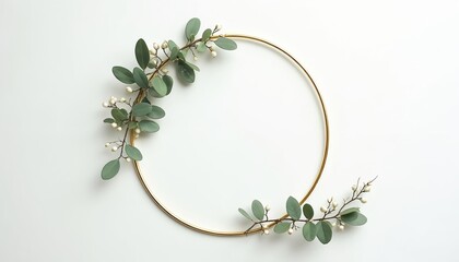 Minimalist gold circle frame with eucalyptus plants and white buds on white background. Elegant botanical border for design and decor. Pure nature aesthetic.