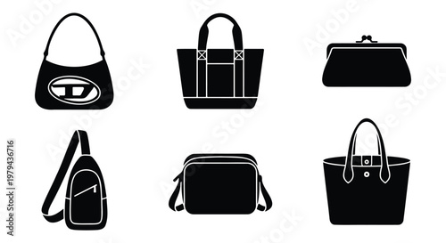Fashion handbag icon set, black silhouette women bags and purses, collection of 6 vector fashion accessories for retail and shopping