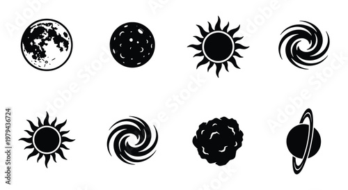 Minimalist space icons set, black celestial bodies vector collection, 8 astronomy symbols including sun moon planets and galaxy swirls