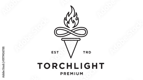 Torchlight premium logo icon with flame and infinity ribbon, minimal line art, emblem branding for lifestyle and retail
