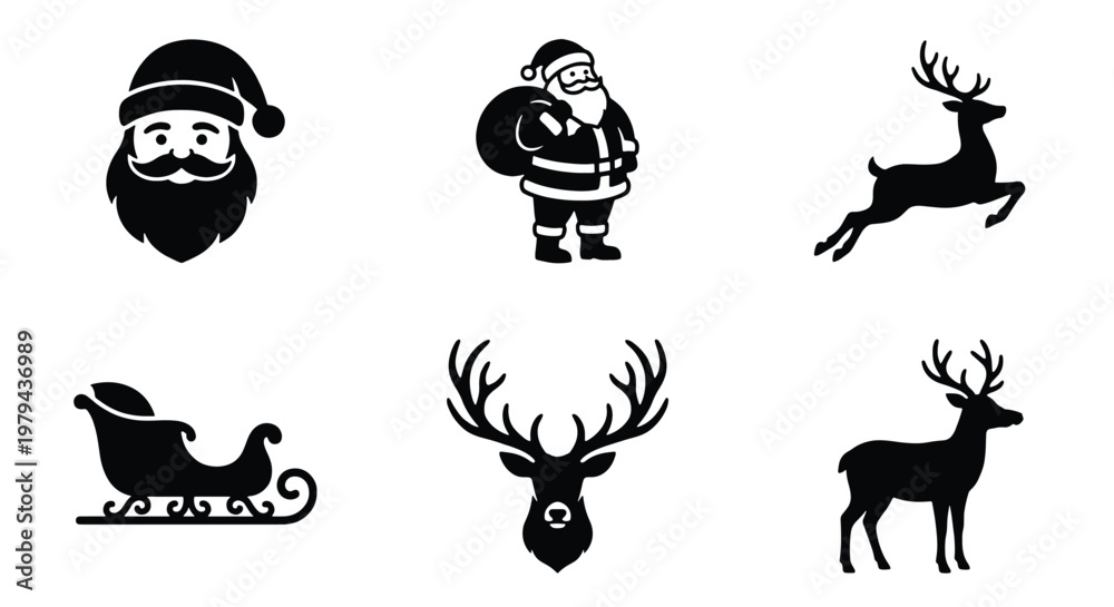 Fototapeta premium Christmas silhouette vector set, black Santa Claus icons and reindeer graphics, 6 holiday elements including sleigh and deer head, winter festive clip art