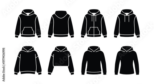 Black hoodie icon set, 8 apparel vector templates, hooded sweatshirt silhouettes for clothing design, casual streetwear fashion mockups