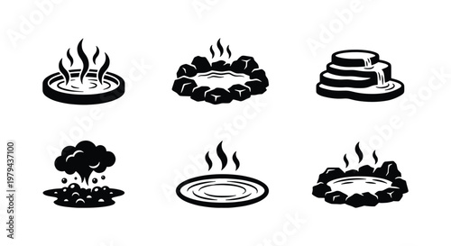 Minimalist hot spring icons set, black and white onsen vector symbols, thermal bath and volcanic geyser illustrations for spa and travel design