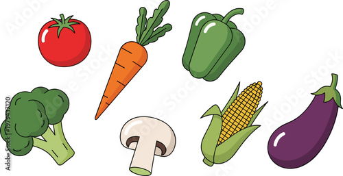 Vegetables Cartoon Vector Set with Tomato, Carrot, Bell Pepper, Broccoli, Mushroom, Corn and Eggplant for Healthy Food, Cooking and Nutrition Design