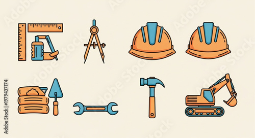 Construction tools and safety equipment icons.