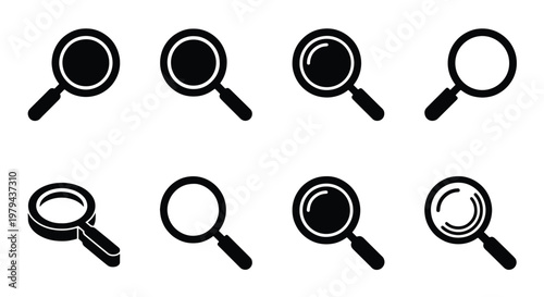 Magnifying glass icon set, 8 black search vector elements, minimalist loupe symbols for web interface and data analysis, flat zoom tool collection