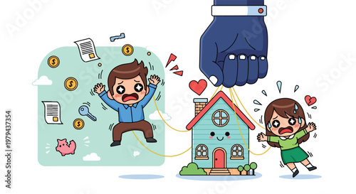 Child with a worried expression standing near a house with a large protective glove and a cloud with rain and lightning