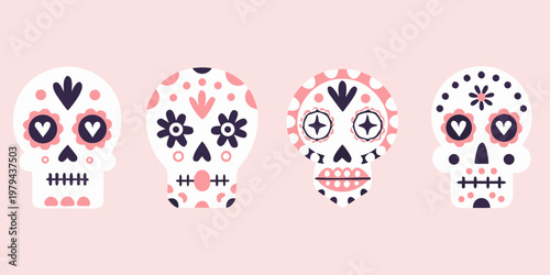 Four decorative sugar skulls with floral and geometric patterns on pink