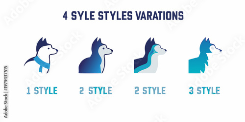 Four variations of a husky dog head logo design in different styles