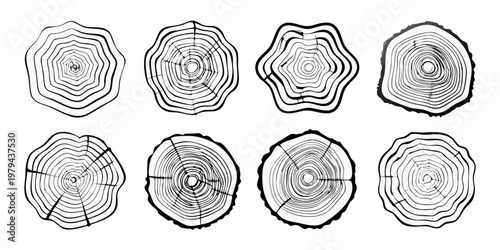 Eight black and white illustrations of tree stump cross sections