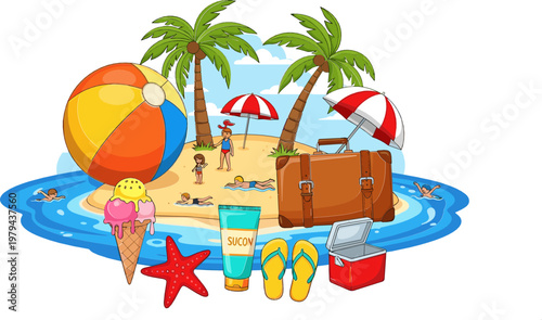 Tropical Beach Vacation Set with Ball, Ice Cream, Flip Flops, Umbrella, and Sun Protection for Travel, Holiday, and Summer Designs