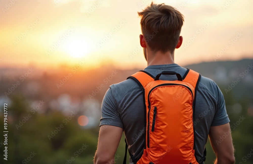 Fototapeta premium Man with orange backpack looks at sunset. He is on a hike, enjoying nature, and feeling refreshed. This image promotes healthy outdoor activities and travel.