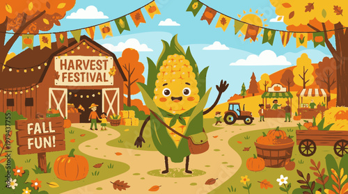 Cheerful anthropomorphic corn character waves at a vibrant autumn harvest festival with a farm barn, pumpkins, and fall trees.