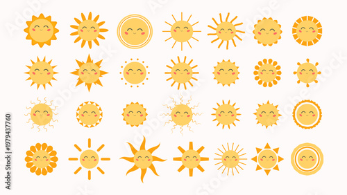 Mega Sun Icons Set. Smiling Sun Faces Collection in Flat Vector Style. Perfect for children s projects, summer themes, weather apps, educational materials.