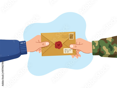Two hands exchanging a sealed envelope with a red seal  person in blue sweater giving to person in camouflage uniform
