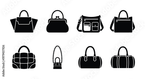 Fashion handbag icon set, black silhouette women bags and purses collection, 8 vector flat icons of luxury accessories and travel luggage