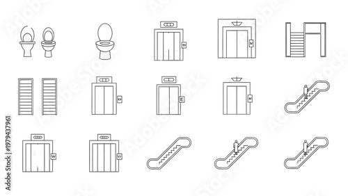 Top View Public Facility Symbols Vector Pack Toilets Elevators Stairs Escalators Signage Icons Clean Line Style Architectural Floor Plans