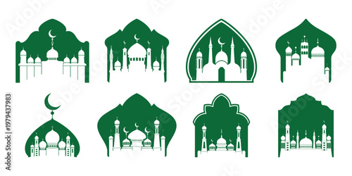 Eight green Islamic mosque silhouettes framed within decorative architectural arches