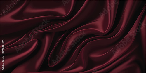 A luxurious red silk and satin fabric background features smooth flowing waves of shiny material with a soft texture and elegant curves for a decorative textile backdrop