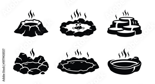 Geothermal hot springs and volcanic geyser icons, set of 6 black vector illustrations, steaming thermal pools and mineral water basins