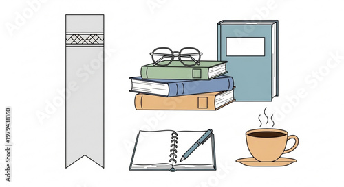 Study and reading concept with books glasses bookmark notebook pen and steaming cup of coffee on a plain background