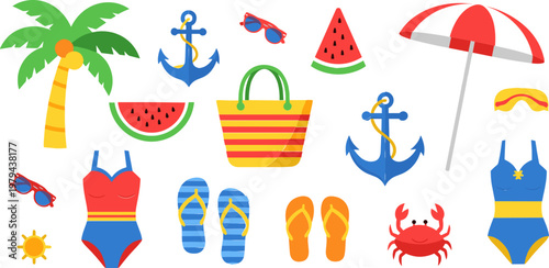 Summer Vacation Essentials Set with Sunglasses, Swimsuits, Watermelon, Crab, and Beach Accessories for Travel, Holiday, and Tropical Designs