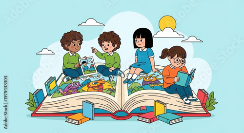 Four diverse children sitting on a giant open book with colorful objects and toys surrounded by a light blue sky with clouds and sun