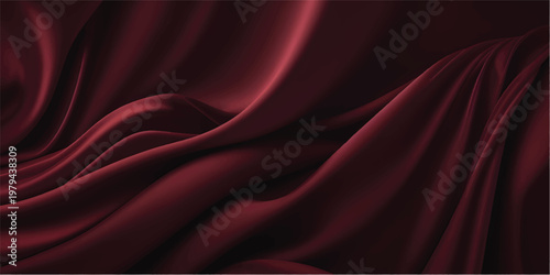 Luxurious red silk and satin fabric background featuring smooth flowing waves of soft textile material with an elegant curved texture design for a decorative backdrop