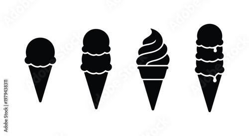 Minimalist ice cream cone icons set, black silhouette of frozen yogurt and soft serve scoops, 4 vector elements for cafe menu design