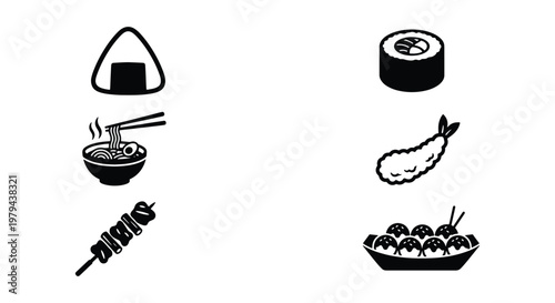 Japanese food icon set with 6 black and white vector elements, minimalist sushi and ramen illustrations, traditional asian cuisine symbols for restaurant menus