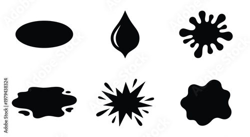 Black liquid splash silhouettes, set of 6 ink splatter icons, organic water drop and puddle shapes, minimalist fluid spill vector elements