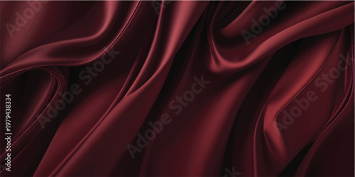 Luxurious red silk and satin fabric background featuring smooth flowing waves of soft textile material with an elegant curved texture design for a decorative backdrop