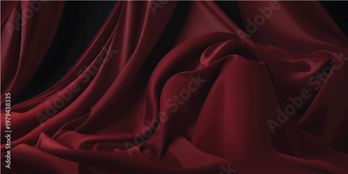 A luxurious red silk and satin fabric background features a soft flowing wave texture and smooth curves, creating an elegant textile backdrop for sophisticated wallpaper design