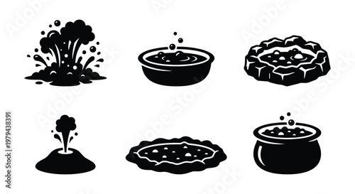 Geothermal hot springs and volcanic activity icons, black and white vector set of bubbling mud pots and geysers, thermal energy graphic elements