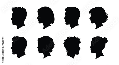Minimalist profile silhouette set of 8 diverse people, black head side view icons for user avatars, male and female face outlines for social media