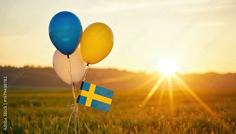 Fototapeta premium Blue yellow white balloons fly in grassy field at sunset with Swedish flag. Nature scene with warm golden sunbeams. Rural peaceful celebration joy freedom outdoors.
