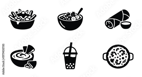 Minimalist food icons set, black solid vector symbols of poutine, acai bowl, burrito, hummus, boba tea and paella, 6 culinary elements for restaurant menus